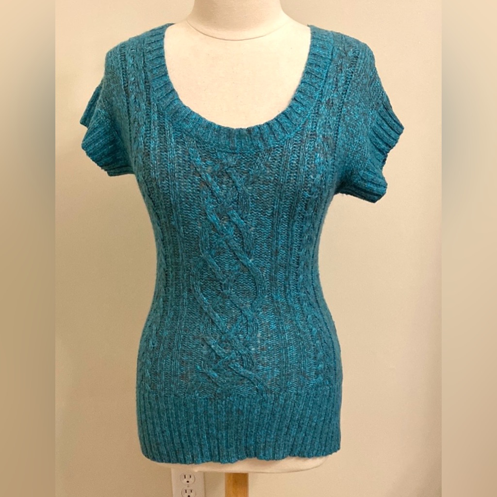 2/$30 Old Navy Vintage Teal Green Cable-Knit Short Sleeve Wool Blend Sweater Xs